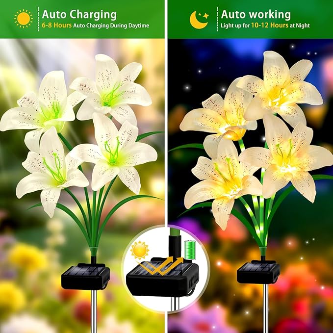 Solar Lights Outdoor, Gift for Women Mom Grandma Wife Daughter, 2 Pack 8 Solar White Lily Flower Lights, Solar Flower Lights Waterproof, Outside Decor Stake Light for Landscape Yard Patio Lawn Garden