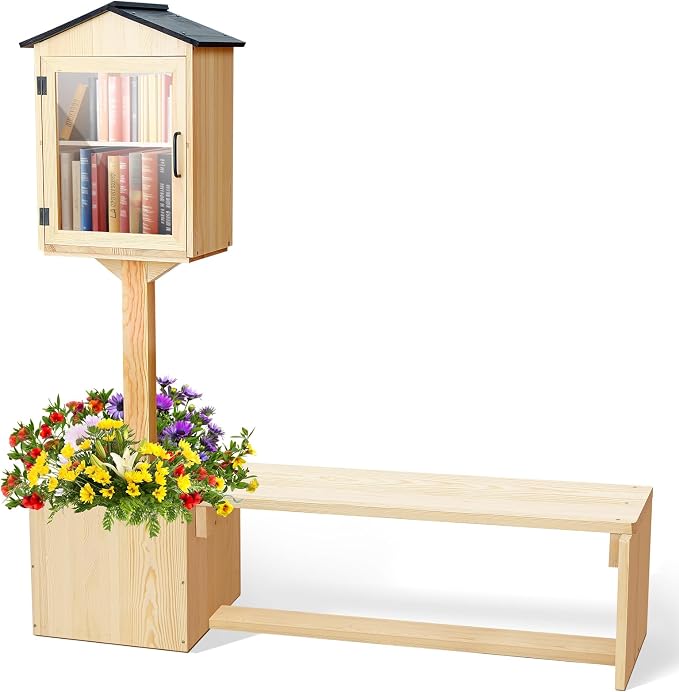Wonderjune 3-in-1 Little Library Box Outdoor with Bench & Planter DIY Paintable Lending Free Library Pine Wood Neighborhood Share Box Ground Mount Kit for Yard Garden Community School(Wood)