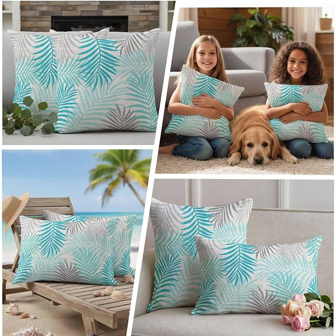 Outdoor Waterproof Throw Pillow Covers, Teal Grey Palm Leaves Decorative Pillow Cases, Summer Botanical Tropical Leaf Couch Pillow Protector Patio Sofa Cushion Covers Replacement 18"x18" 2 Pack