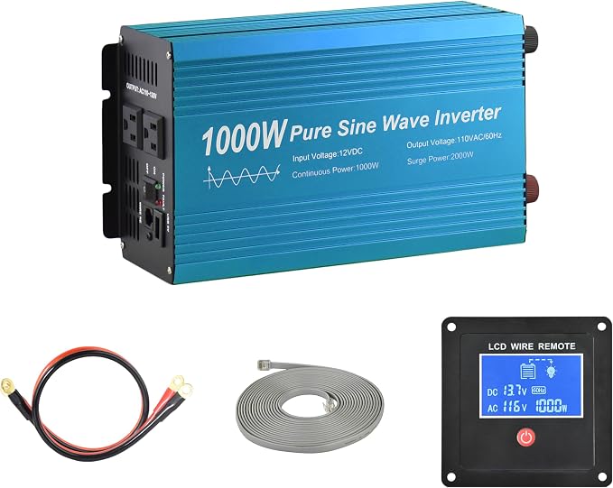 Pure Sine Wave Power Inverter 1000W DC12V to AC 110V with Dual sockets and USB, LCD Remote kit. (1000W)