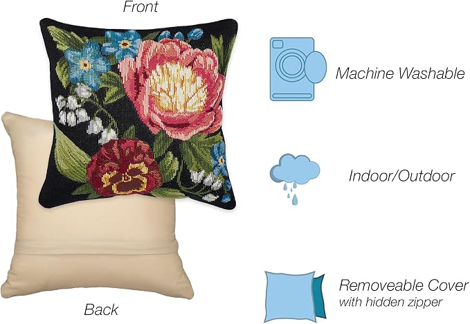 Liora Manne MARINA Indoor/Outdoor Power Loomed Easy Care Pillow - Traditional Graphic Botanical Floral Accent (Secret Garden Black) (12" x 18")