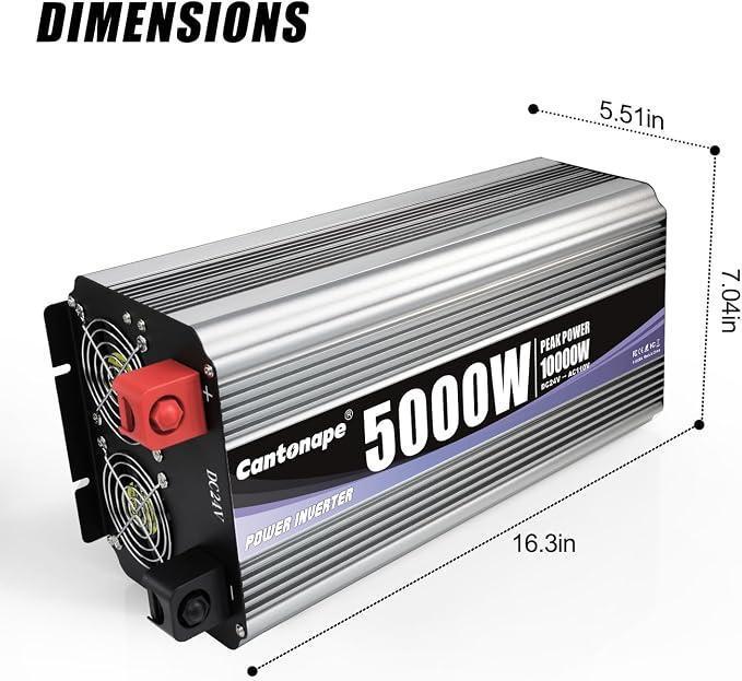Cantonape 5000W Power Inverter 24V to 110V/120V DC to AC with LCD Display, Remote Controller and 4 x AC Outlets Car Adapter for Car Truck Boat RV Off Grid Solar System