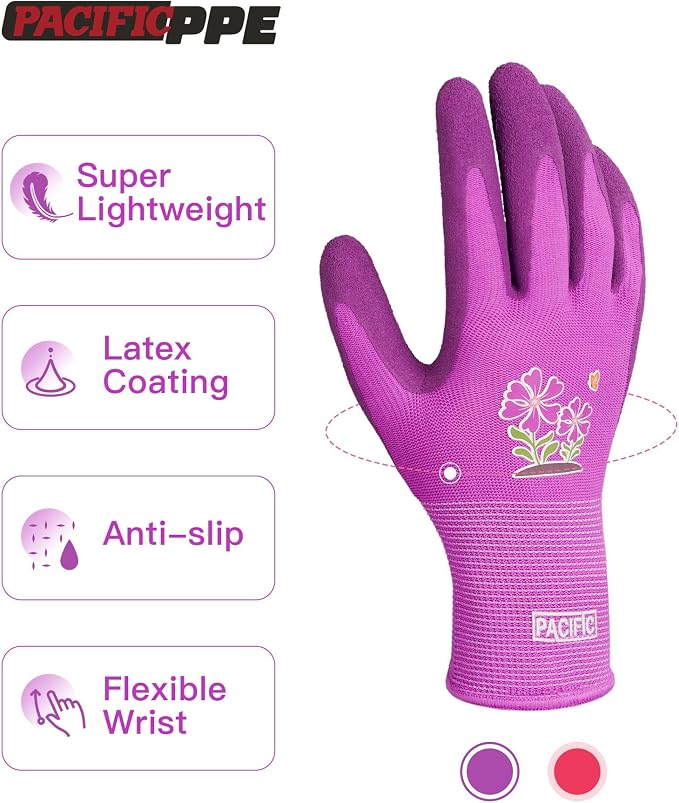 PACIFIC PPE 2 Pairs Gardening Gloves for women and Ladies, Rubber Coated Garden Gloves, Outdoor Protective Work Gloves, Medium Size fits Most, Purple & Red