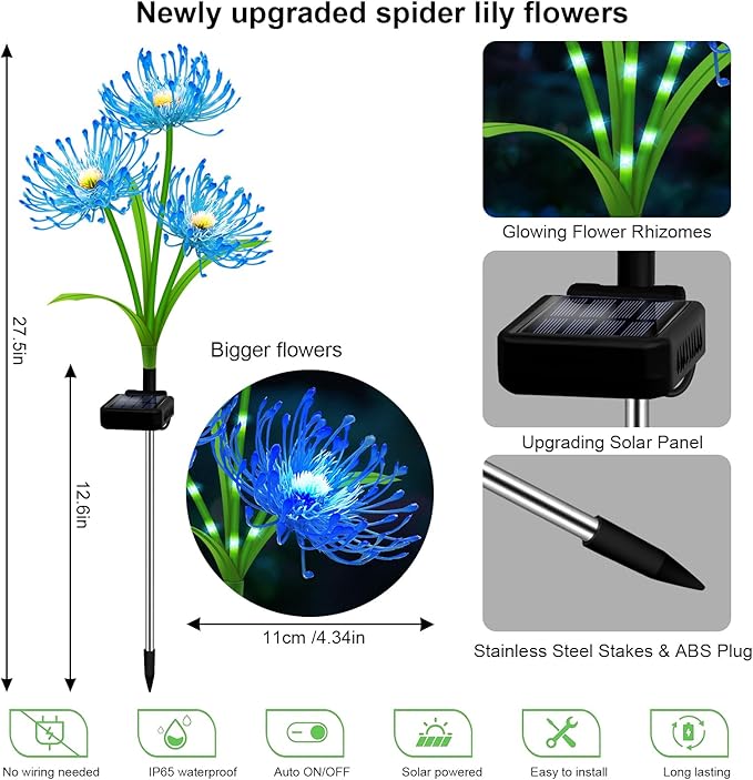 Solar Garden Flower Lights Outdoor, 4 Pack Blue Spider Lily Solar Lights with Glowing Stems, IP65 Waterproof LED Yard Decor for Patio Lawn Pathway, Mother's Day Valentine Gifts for Women Mom Grandma