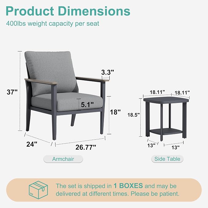 3-Piece Patio Rocking Swivel Chair Outdoor Aluminum Bistro Set with Coffee Table, Outdoor Patio Furniture Set with High Backrest & Thickened Cushions for Garden, Deck and Balcony, Grey