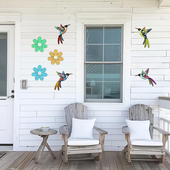 4 Pack Metal Hummingbird Wall Art Decor, 3D Colorful Birds Outdoor Sculpture for Garden Fence, Backyard, Outdoor Wall, Patio and Balcony, Great Gifts for Family Friends