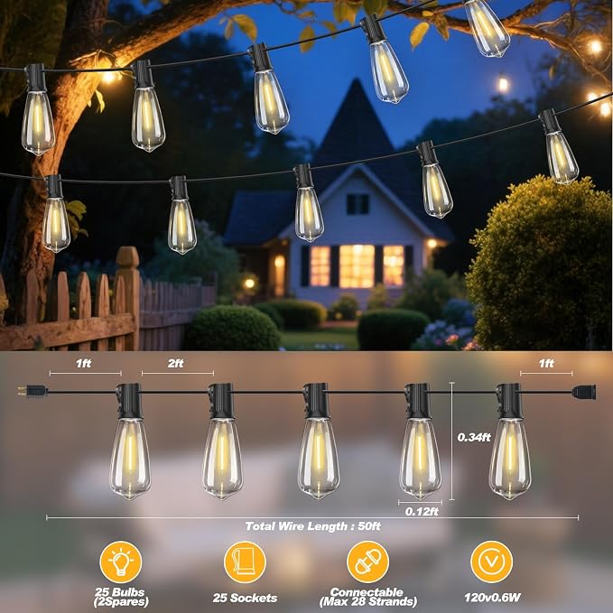 50FT LED Outdoor String Lights Waterproof, Edison Lights for Outside | with 27 Shatterproof Vintage Edison Bulbs Connectable Hanging Patio Lights for Yards Balcony Porch Bistro Garden Decor