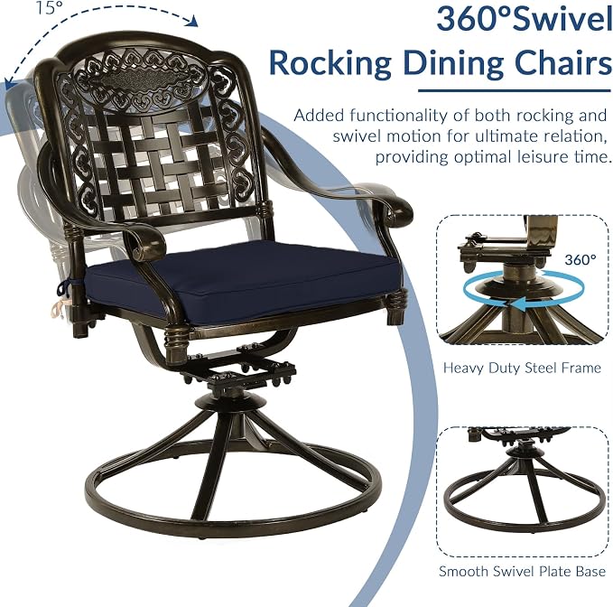 SOCIALCOMF 9-Piece Patio Cast Aluminum Dining Set, Outdoor Table and Chairs Set for 8, Includes 64" Large Square Dining Table and 8 Swivel Rocker Chairs with Umbrella Hole for Lawn Garden, Navy Blue