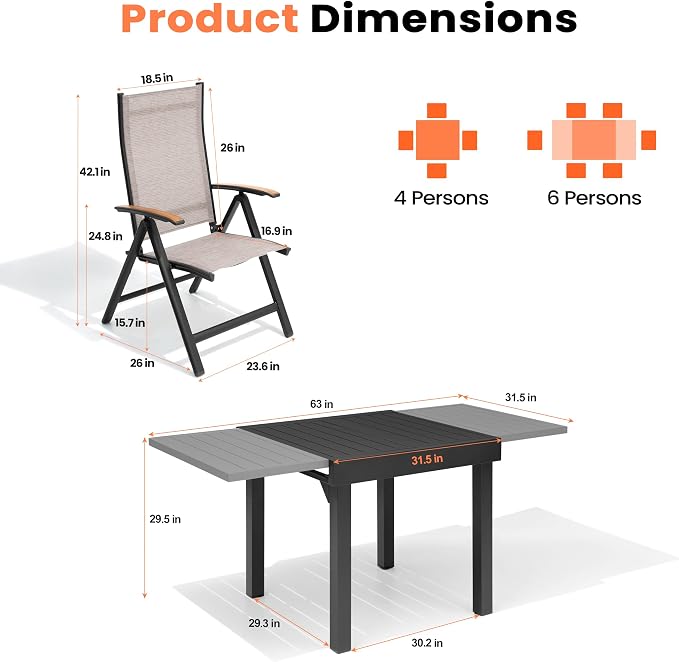 Pellebant 7 Piece Aluminum Outdoor Dining Set for 6 Peron, Expandable Outdoor Dining Table and Foldable Adjustable Backrest Chairs, Weather Resistant Outdoor Furniture Set for Deck, Porch & Backyard