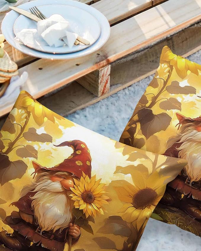 Outdoor Waterproof Throw Pillow Covers 24x24in, Vintage Gnome Sunflowers Cushions for Garden Patio Furniture Chairs Set of 2, Fall Thanksgiving Home Decor Couch Sofa Polyester Pillow Cases