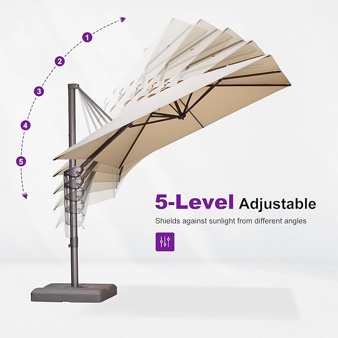 PURPLE LEAF 10' X 13' Patio Cantilever Umbrella with Base Rectangle Umbrella Outdoor with Aluminum Offset Antique Bronze Hanging and 360° Rotation for Pool Garden Deck Patio, Beige