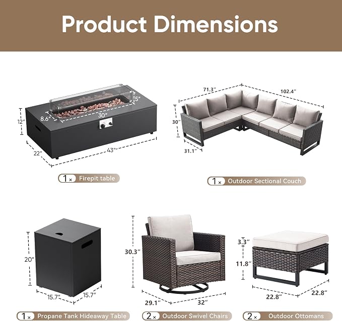 HUMMUH 9 Piece Patio Furniture Set,Outdoor Sectional Sofa Couch & Swivel Rocker Chairs,Propane Firepit with Hidden Fuel Tank,Outdoor Conversation Set for Porch,Garden,Backyard