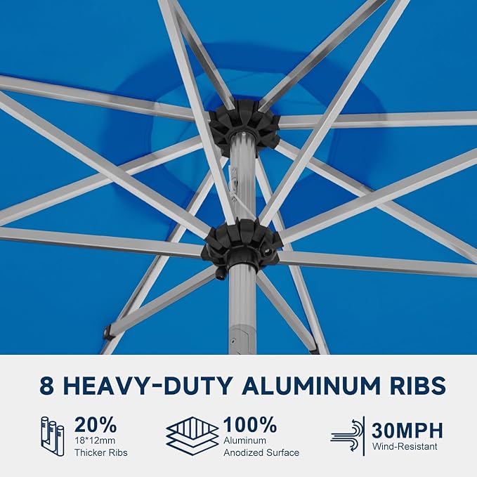 10FT 40-LED Solar Lighted Aluminum Patio Umbrella, Fade-Resistant Outdoor Market Table Umbrella with Push Button Tilt Function, 8 Sturdy All-Aluminum Ribs for Gardens, Decks, Backyards & Pools
