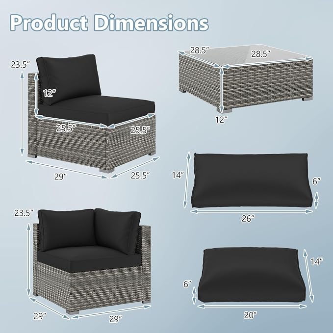 RELAX4LIFE 5-Piece Patio Furniture Set - Wicker Rattan Outdoor Sectional Sofa w/Glass-Top Coffee Table, Soft Seat & Back Cushions, Bistro Conversation Set for Garden Backyard Porch (1, Black)