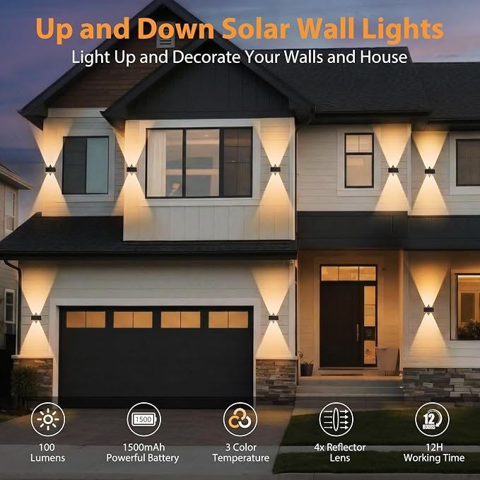 6PACK Solar Wall Lights Outdoor,Warm White 2 Lighting Modes Up & Down Solar Sconce Lights Dusk to Dawn Lighting IP65 Waterproof Solars Lights Outdoor for Exterior Front Porch Garage Fence Patio Yard