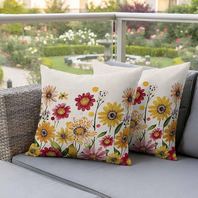 Yellow Red Spring Floral Outdoor Waterproof Throw Pillow Covers 26x26 Set of 2, Pastoral Summer Flower Rustic Decorative Pillowcases Cushion Pillowcase for Couch Sofa Patio Outside Pillow Protector