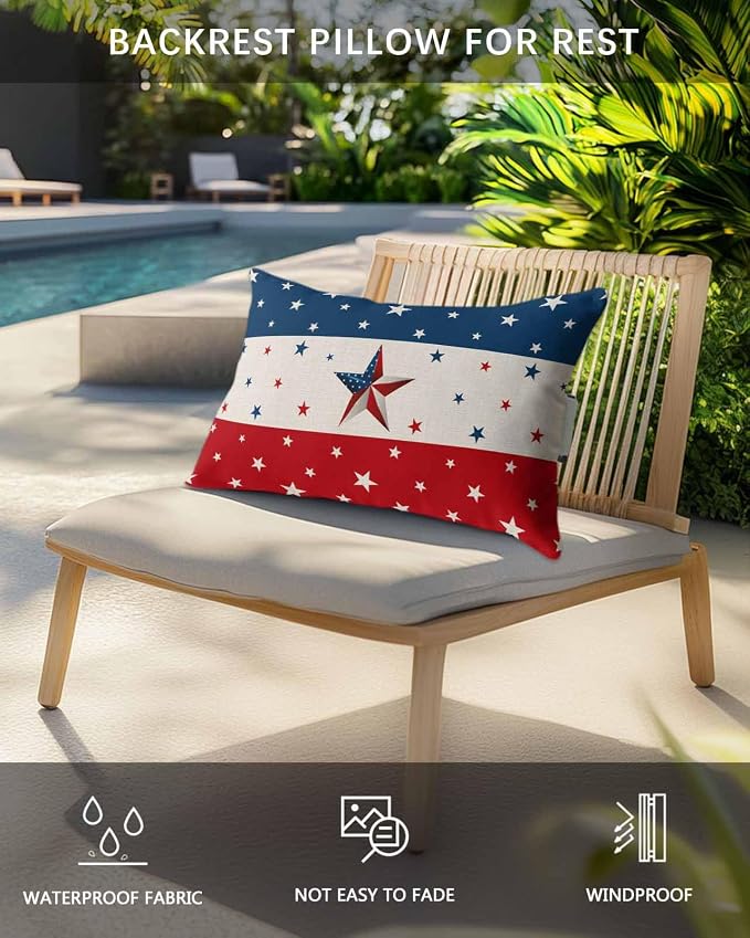 Recliner Head Pillow Independence Day Red White Blue Stripe Outdoor Throw Pillow with Insert,Waterproof Recliner Pillows Chaise Lounge Lumbar Cushion for Beach Rustic Star Patio Pillow 2 Pack
