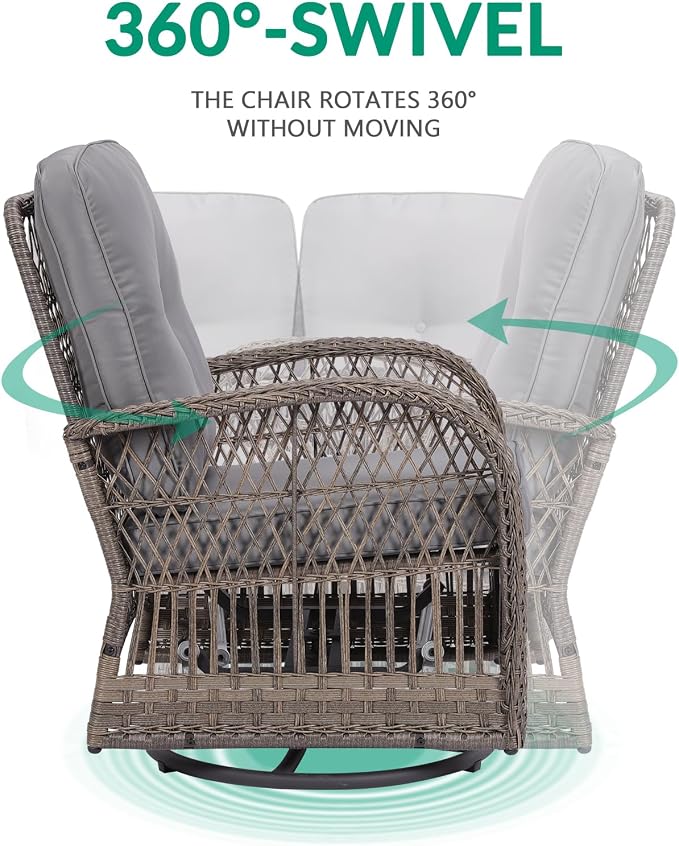 VIVIJASON 3-Piece Outdoor Conversation Bistro Set, Patio Swivel Glider Rocking Chairs Rattan Furniture Sets w/ 2 Rattan Chairs, Glass Top Side Table for Porch Backyard, Gray Wicker & Gray Cushions