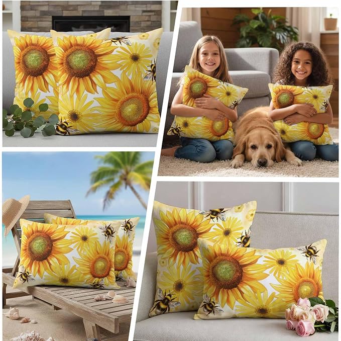 Outdoor Throw Pillow Covers,Rustic Sunflower Yellow Flower Waterproof Decorative Pillowcases Cushion Cover Spring Farmhouse Floral Bee Pillow Cases for Patio Couch Sofa Bed,16x16in Set of 2