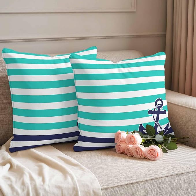 Throw Pillow Covers 20x20 Inch Set of 2, Anchor Turquoise Waterproof Outdoor Cushion Covers, Modern Navy Blue White Striped Nautical Decorative Pillowcases for Couch, Sofa, Bed, Garden, Patio