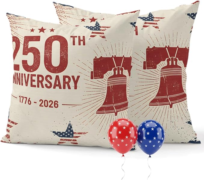250th Anniversary Outdoor Pillow Covers 26"x26" Set of 2, Liberty Bell Stars Vintage 1776-2026 Waterproof Throw Pillow Covers for Patio Furniture, Decorative Cushion Covers for Porch