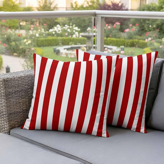 Red Striped Outdoor Waterproof Throw Pillow Covers 16x16 Set of 2, Christmas Farmhouse Red White Stripes Decorative Pillowcases Cushion Pillowcase for Couch Sofa Patio Outside Pillow Protector