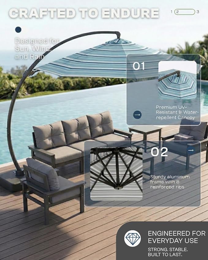 11 FT Cantilever Umbrella with Base Included, Large Round 360° Rotation Offset Umbrella Outdoor Patio, Heavy Duty Aluminum Frame, Sand-Weighted Stand, for Deck, Backyard, Pool, Garden (Blue and green stripes)
