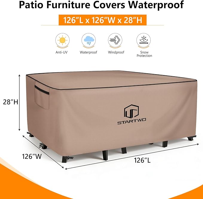 STARTWO Outdoor Furniture Covers Waterproof,Sofa,Table and Chairs General Purpose Patio Furniture Covers with Elastic Hem and Air Vents 126L x 126W x 28H inch