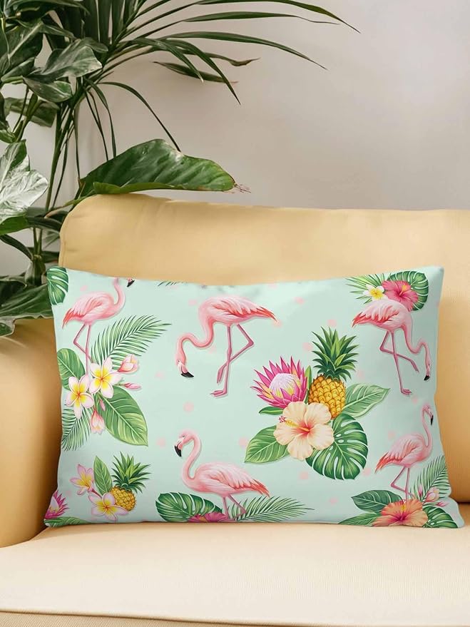 Outdoor Waterproof Throw Pillows 12x20in, Summer Flamingos Tropical Leaf Patio Pillows Pack of 1, Decorative Pillow Covers with Insert, Pillow Cushion Case for Garden Couch Sofa Pink Flower Pineapple