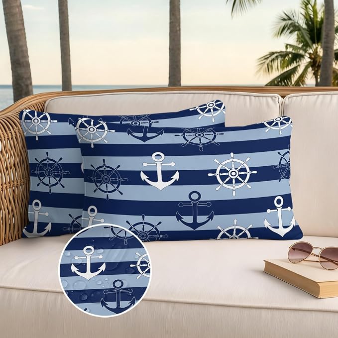 Nautical Ship Anchors Waterproof Outdoor Pillow Covers Set of 2 Home Decor, Navy Blue Horizontal Stripes Lumbar Pillowcase Patio Pillow Covers for Couch Bench Patio Furniture Garden 20x12in