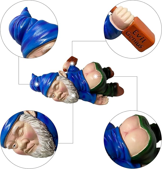 MINICAR Funny Drunk Garden Gnome Statue 9.5 Inch - Indoor Home Office Figurine Decor Outdoor Yard Lawn Patio Sculpture Decoration, Naughty Gifts for Women Men, Blue