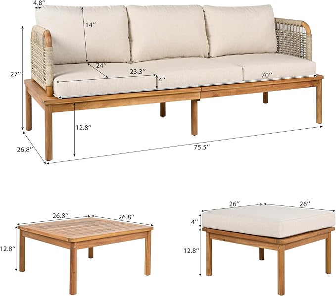JIVOIT 3-Piece L-Shape Outdoor Furniture Set, Outdoor Acacia Wood and Rope Patio Sofa Set, Conversation Set with Acacia Wood Coffee Table and Ottoman for Backyard Porch Garden