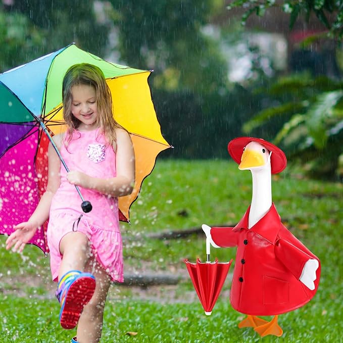 Raincoat Goose Outfit Porch Goose Summer Outfit Yard Goose Raincoat Clothes with Umbrella Hat Fits 23" Outdoor Garden Lawn Patio Geese Statue for Spring Summer Seasonal Decor(Red)