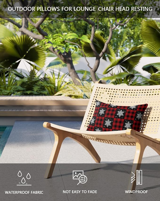 Outdoor Pillows Covers with Inserts Winter Snowflake Red and Black Plaid Waterproof Recliner Pillow with Adjustable Strap Throw Pillows for Patio Furniture Pool Lounge Chair, 12x20 inch, 2PCS