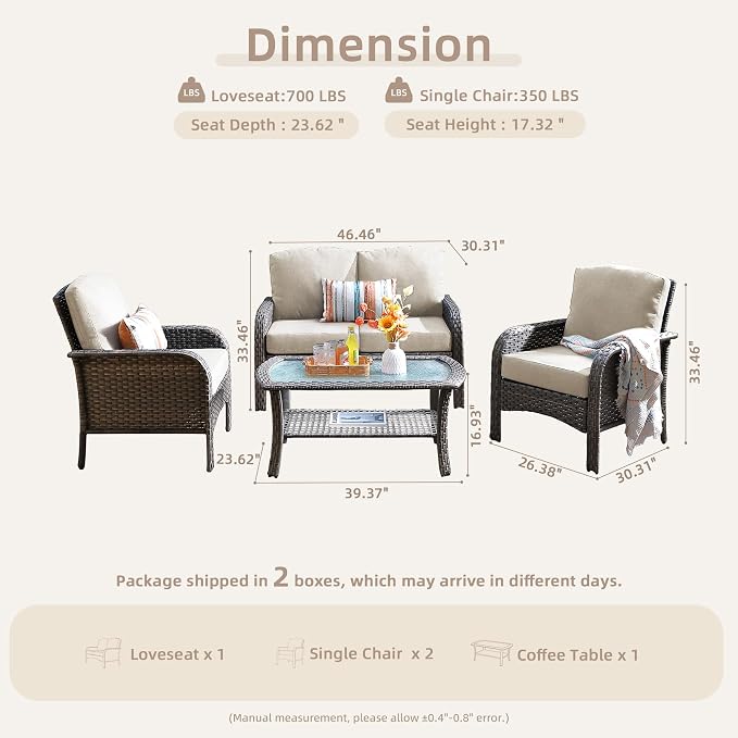 CAODOC 4-Piece Wicker Patio Furniture Set, All-Weather Rattan Conversation Bistro Loveseat Chair and Table Set for Backyard, Balcony and Deck with Soft Cushions and Metal Table(Tan)