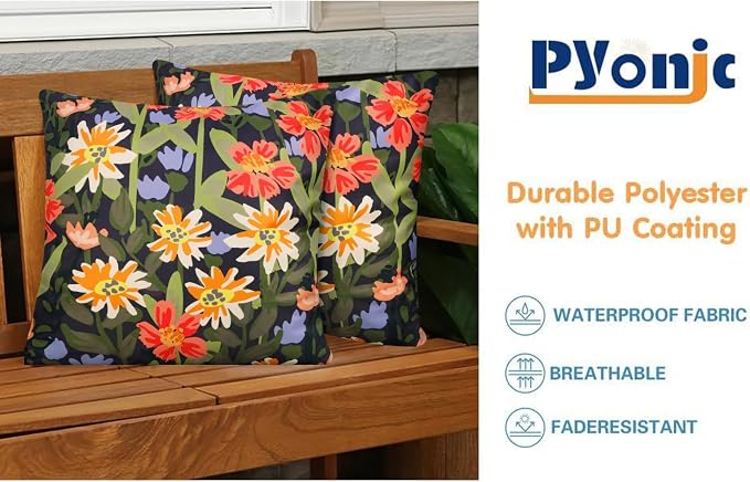 Pyonic Outdoor Pillows Cover Pack of 2 Spring Floral Waterproof Throw Pillow Covers 20X20 inch Outdoor Pillows for Patio Furniture Garden Square Outside Waterproof Pillow ，Black