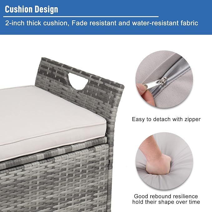 33 Gallon Outdoor Wicker Storage Bench Deck Box,Large PE Rattan Deck Storage Box,Outdoor Indoor Waterproof Storage Box,Patio Wicker Storage Bench,with Cushion,for Garden Balcony Porch Yard (Gray)