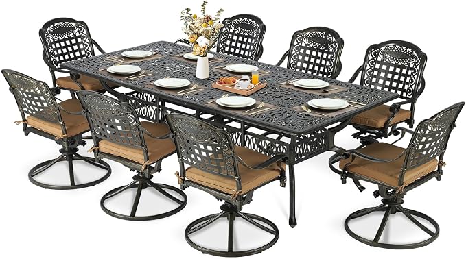 MEETWARM 9-Piece Outdoor Patio Dining Set, All Weather Cast Aluminum Patio Funiture Table and Chairs Set- 94.5” Rectangular Table and 8 Cushioned Swivel Rocker Chairs for Garden, Umbrella Hole, Khaki