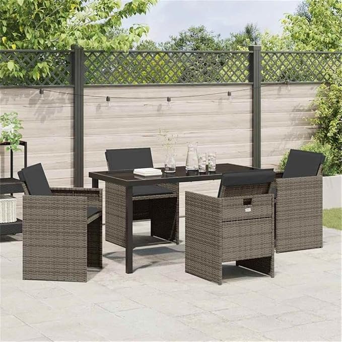 Afuera Living 5 Piece Patio Dining Set, Poly Rattan and Tempered Glass Table, Gray Cushioned Chairs, Weather-Resistant Outdoor Seating, Modern Design for Garden or Outdoor Dining