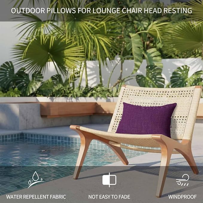 Dark Purple Outdoor Lumbar Pillows 12x20 Set of 2, Farmhouse Burlap Solid Brown Color Modern Linen Texture Waterproof Throw Pillow Covers with Insert, Decorative Support Pillows for Lounge, Chaise