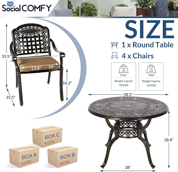 5-Piece Outdoor Patio Dining Set, All-Weather Cast Aluminum Furniture Conversation Set, Include 4 Cushioned Chairs and a 38.5” Round Table with Umbrella Hole for Balcony, Lawn, Khaki