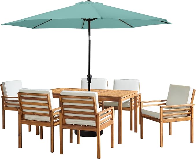 Alaterre Furniture Okemo 8 Piece Outdoor Dining Set with Umbrella - Solid Acacia Wood Outdoor Furniture Set with 63” Patio Table, 6 Patio Chairs, and 10ft Dusty Green Umbrella