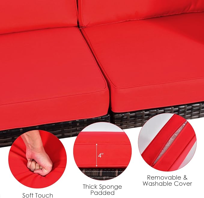 HAPPYGRILL 6 Pieces Outdoor Patio Furniture Set, PE Rattan Conversation Set with Tempered Glass Coffee Table and Cozy Cushions, Weather Resistant Sectional Sofa Set, Red