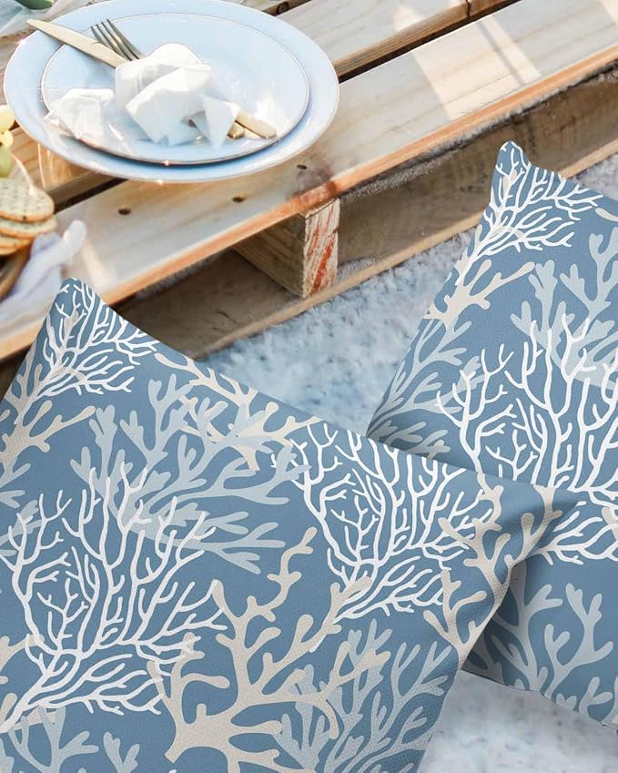 Pack of 2 Outdoor Pillow Covers 16x16 Waterproof Blue Coral Coastal Throw Pillow Covers, Decorative Pillowcases Nautical Ocean Marine Organism Cushion Covers for Patio Garden Couch Pillow Case