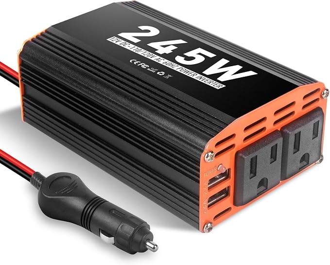 245W Car Power Inverter 12V AC to 110V/120V DC Converter Peak Power 490W Indoor & Outdoor Use with 2 AC Outlets & 2 USB Ports Car Laptop Charger Car Adapter