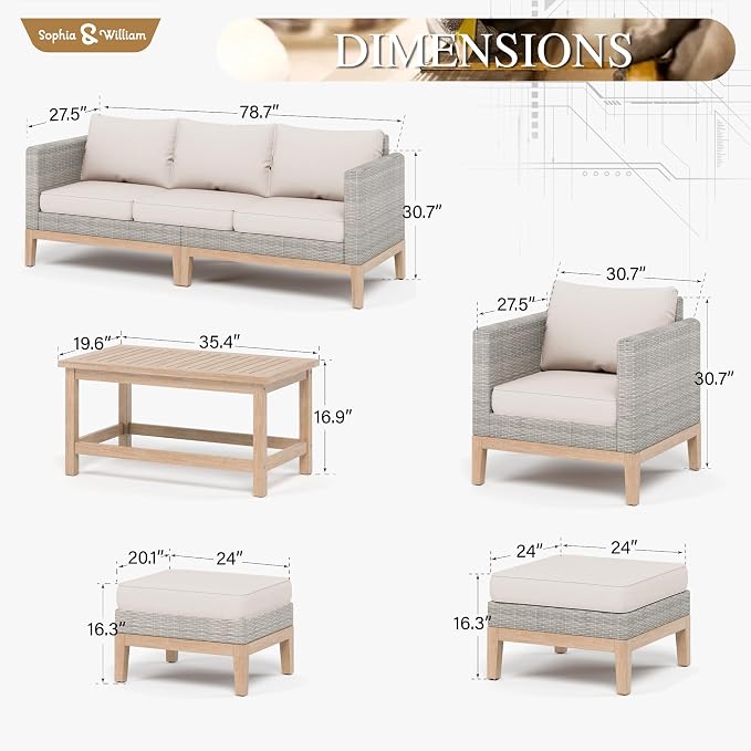 Sophia & William Patio Furniture Set, 5-Piece Wicker Patio Conversation Set, Rattan Outdoor Sectional Sofas with Ottomans & Wooden Coffee Table, Beige