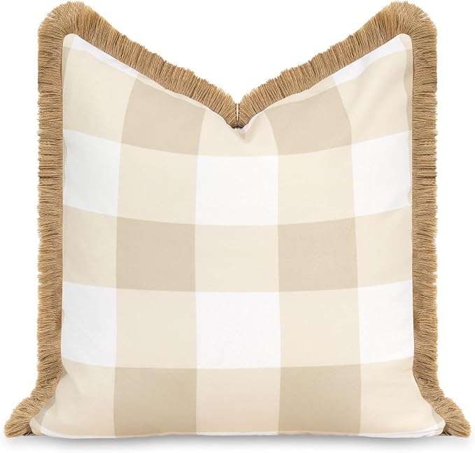 Hofdeco Premium Coastal Patio Indoor Outdoor Throw Pillow Cover Only, 20"x20" Water Repellent for Backyard, Couch, Neutral Tan Plaid with Fringe