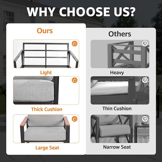 NATURAL EXPRESSIONS Aluminum Patio Furniture Set, Outdoor Patio Conversation Sets with Fauxwood Arm & Tabletop, 6" Olefin Cushions, Oversized Patio Sectional Furniture for Porch, Yard, Balcony, Deck