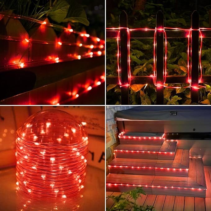 Jnaurb Solar Rope Lights, 66ft 200LED Solar String Lights, 8 Modes Waterproof Solar Outdoor Light, Flexible Clear Trampoline Light for Garden Backyard Patio Deck Porch Pool Tree Decor - Red