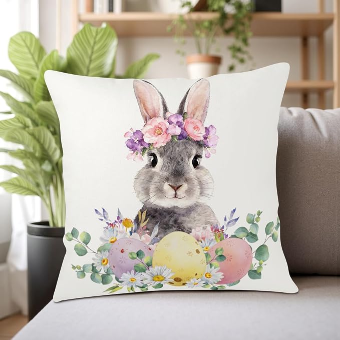 Happy Easter Pillow Covers Daisy Floral Colorful Easter Eggs Pillow Cases 20x20 Set of 2 Lovely Bunny Throw Pillow Covers Spring Farmhouse Cushion Cases for Couch Sofa